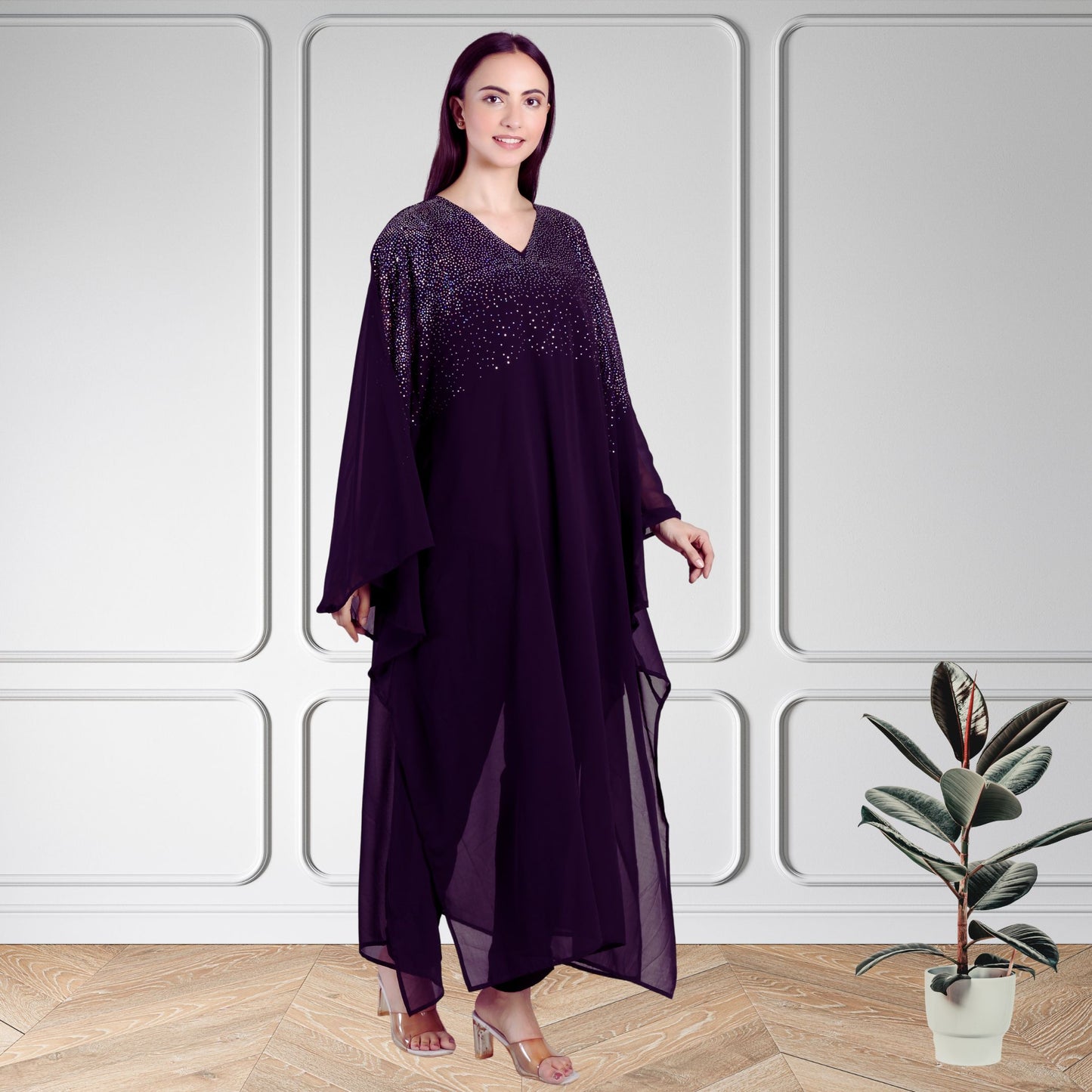 Premium Sequins Motifs Embellished Kaftan Style Top with Coordinated Pants