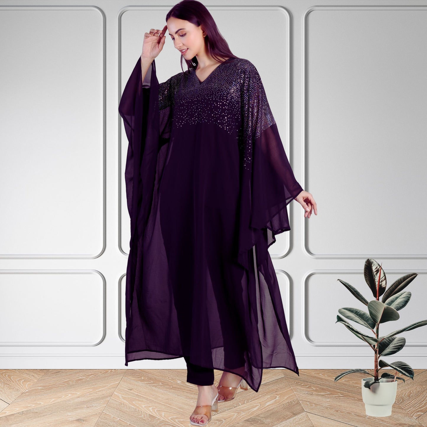 Premium Sequins Motifs Embellished Kaftan Style Top with Coordinated Pants