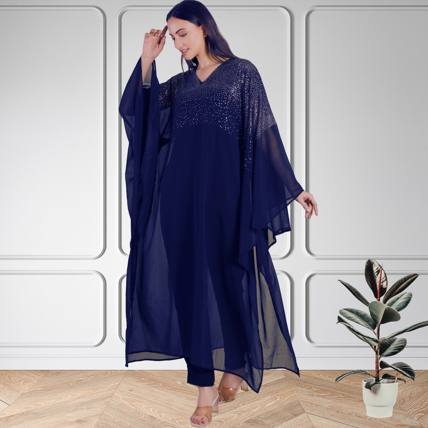 Premium Sequins Motifs Kaftan Style Top with Coordinated Pants