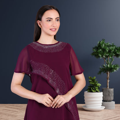 Women’s Partywear Sequins Motif Asymmetric Top Pant Co-Ord Set