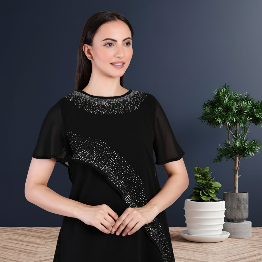 Women’s Partywear Sequins Motif Asymmetric Top Pant Co-Ord Set