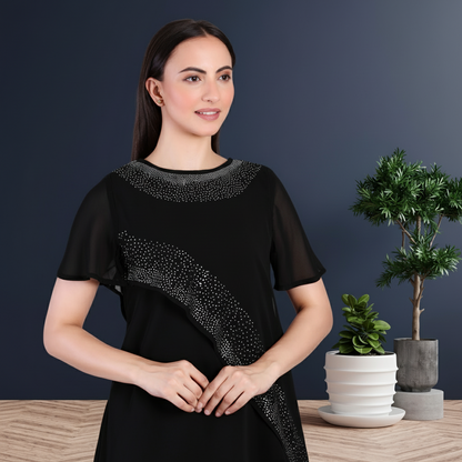 Women’s Partywear Sequins Motif Asymmetric Top Pant Co-Ord Set