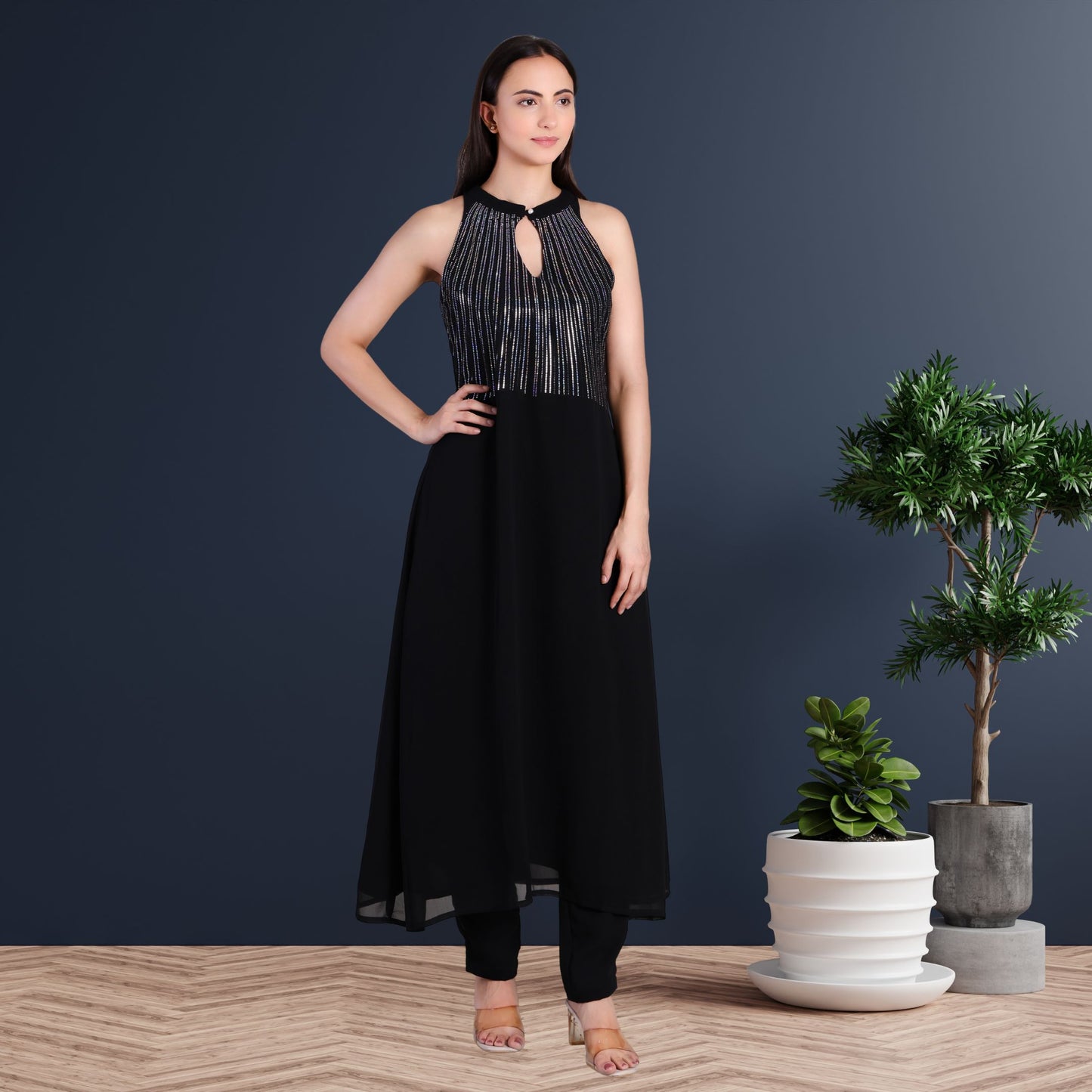 Elegant Sequins Embellished Tunic with Matching Pants for Women