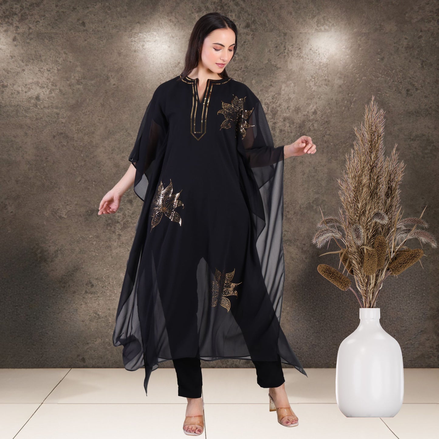 Women's Sequin Motif Embellished Georgette Kaftan Set