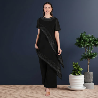 Women’s Partywear Sequins Motif Asymmetric Top Pant Co-Ord Set