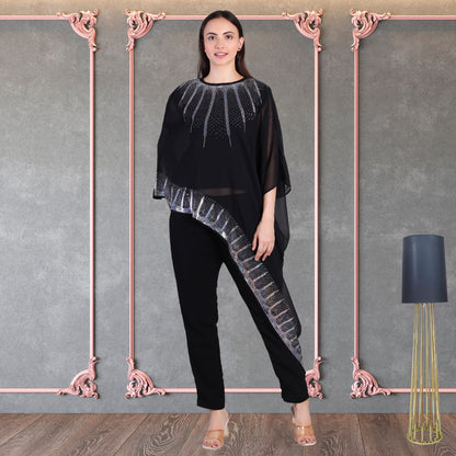 Designer Asymmetric Sequins Embellished Top with Matching Pants