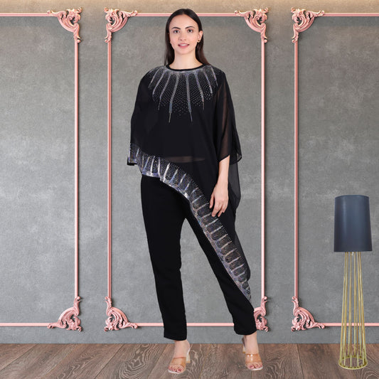 Designer Asymmetric Sequins Embellished Top with Matching Pants