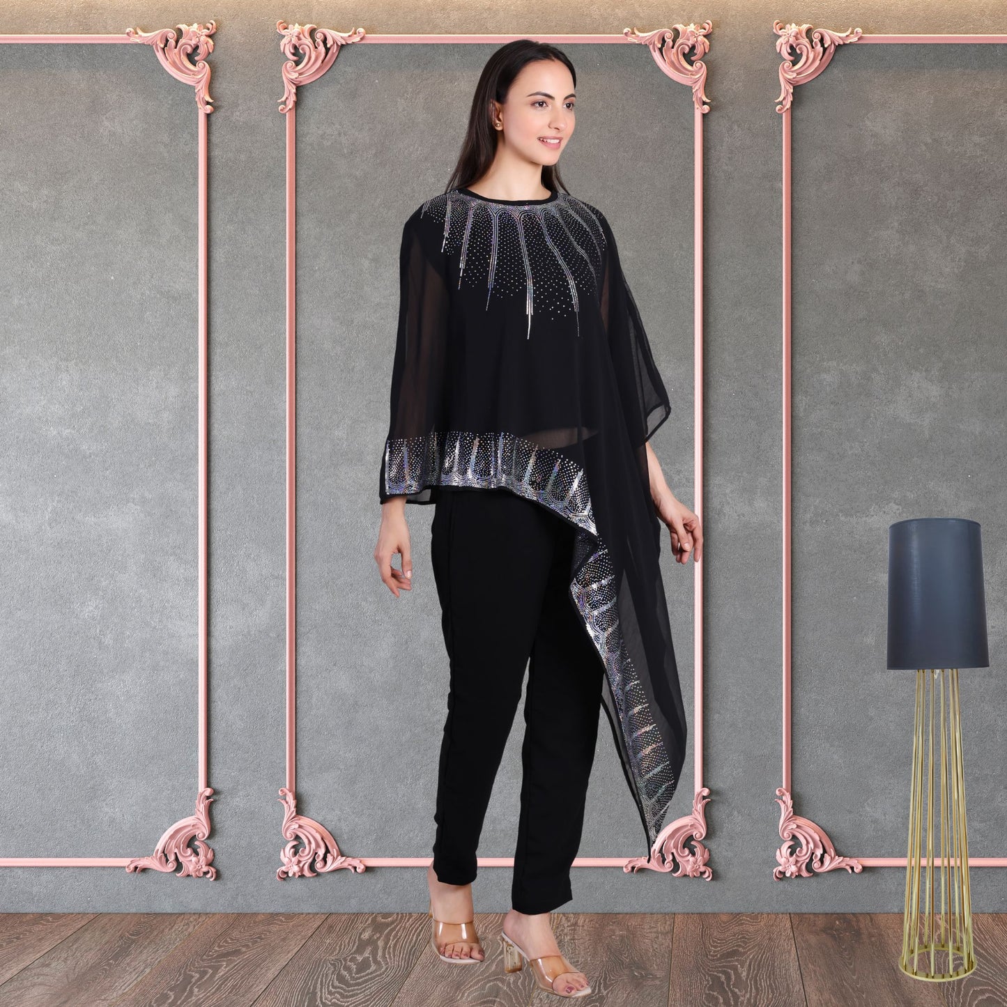 Designer Asymmetric Sequins Embellished Top with Matching Pants