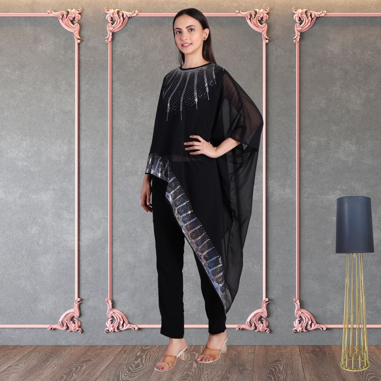Designer Asymmetric Sequins Embellished Top with Matching Pants
