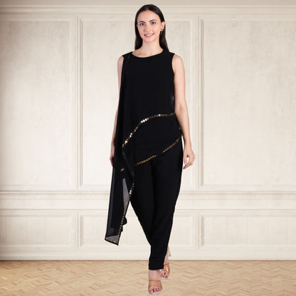 Elegant Sequins Embellished Asymmetric Tunic & Pant Set