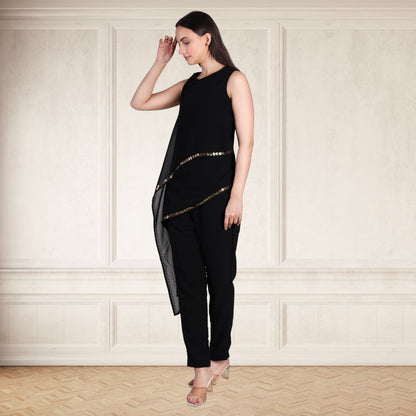 Elegant Sequins Embellished Asymmetric Tunic & Pant Set