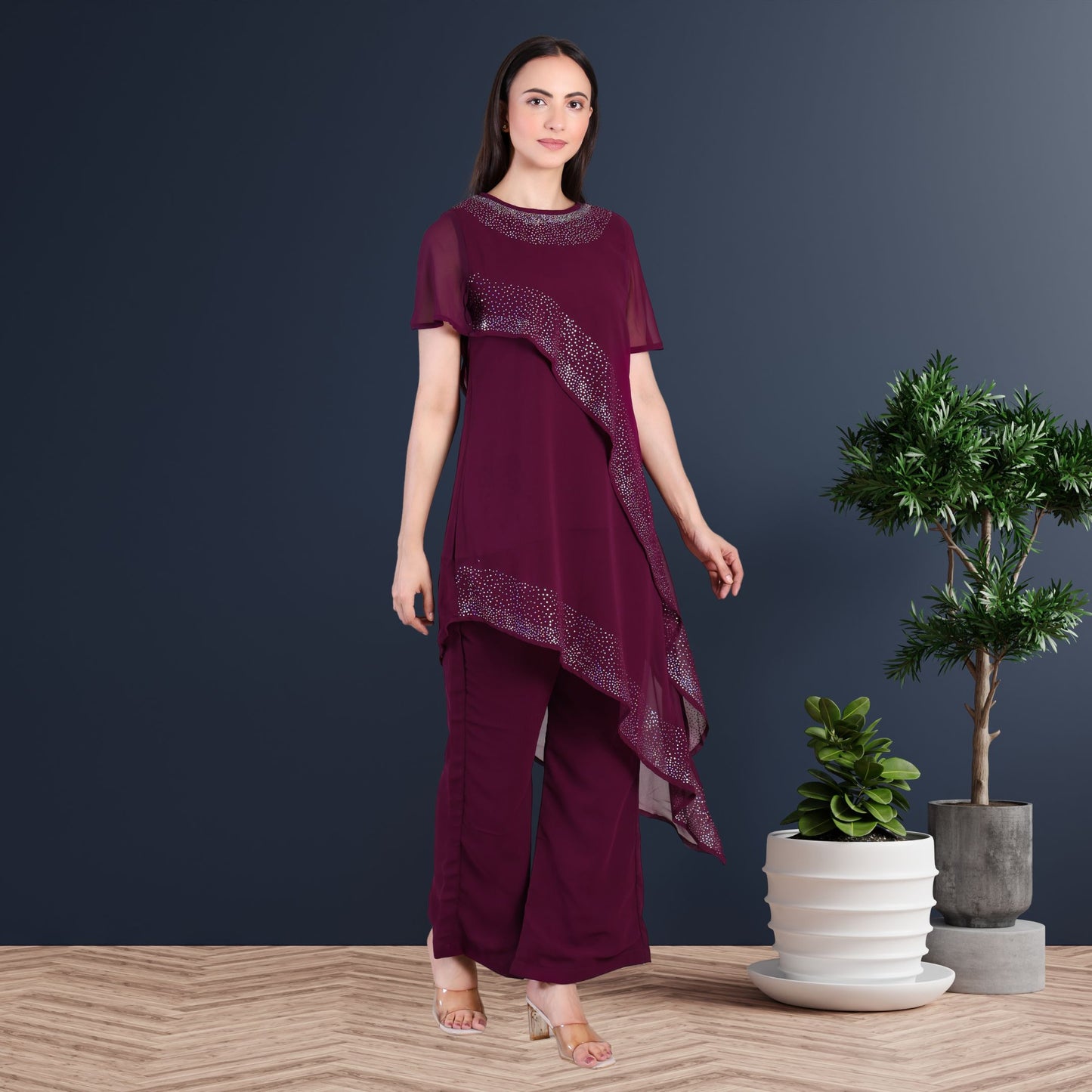 Women’s Partywear Sequins Motif Asymmetric Top Pant Co-Ord Set