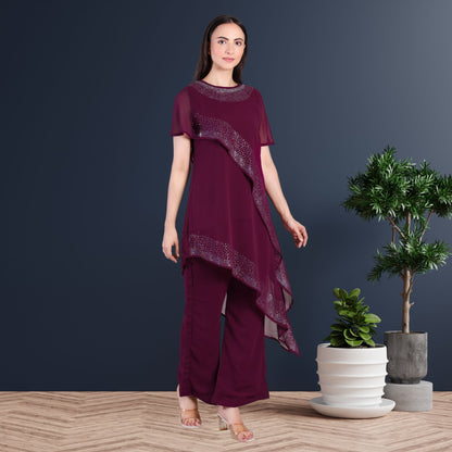 Women’s Partywear Sequins Motif Asymmetric Top Pant Co-Ord Set