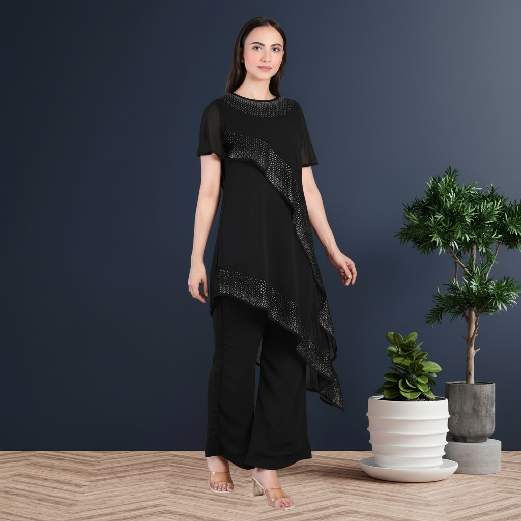 Women’s Partywear Sequins Motif Asymmetric Top Pant Co-Ord Set