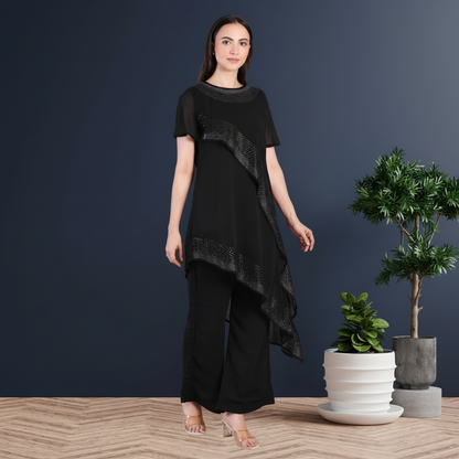 Women’s Partywear Sequins Motif Asymmetric Top Pant Co-Ord Set