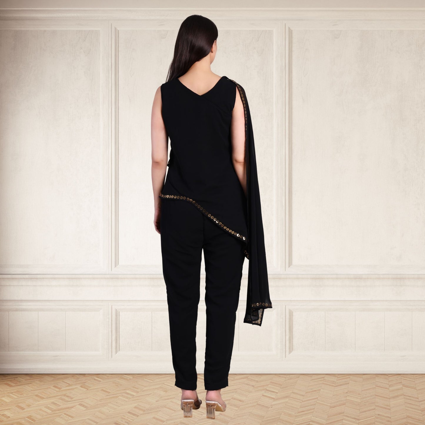 Elegant Sequins Embellished Asymmetric Tunic & Pant Set