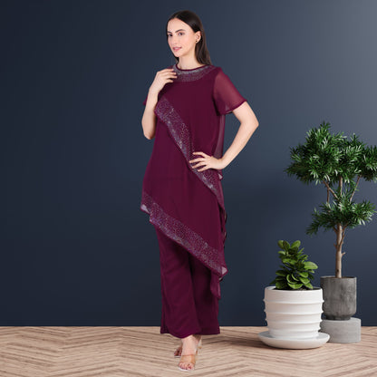 Women’s Partywear Sequins Motif Asymmetric Top Pant Co-Ord Set