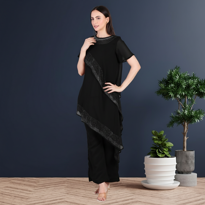 Women’s Partywear Sequins Motif Asymmetric Top Pant Co-Ord Set