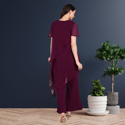 Women’s Partywear Sequins Motif Asymmetric Top Pant Co-Ord Set