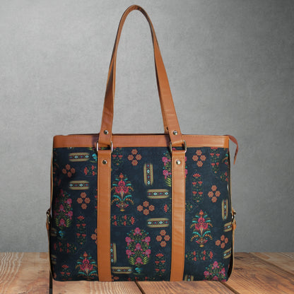 BLACK FLORAL MOTIFS OFFICE TOTE BAG