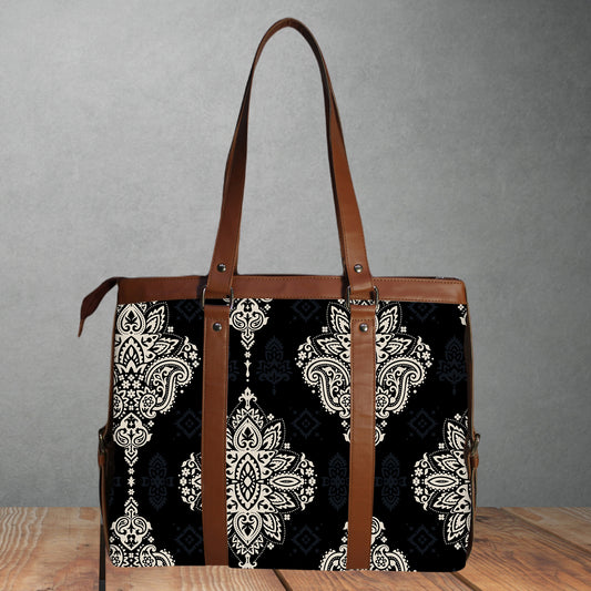 BLACK BIG PAISLEY PRINTED OFFICE TOTE BAG