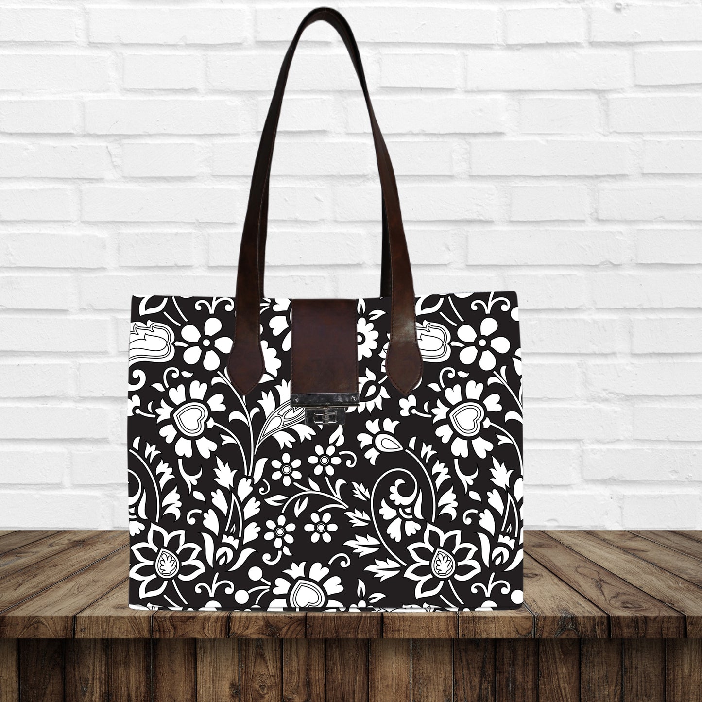 Monochrome Floral Print Canvas Tote Bag