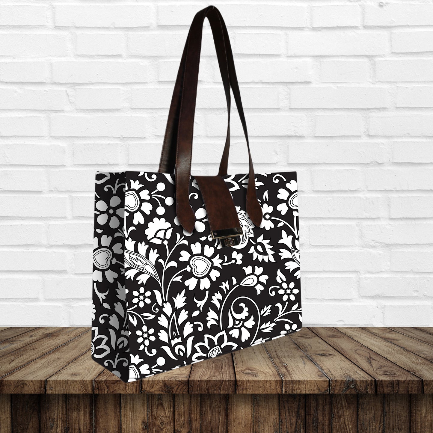 Monochrome Floral Print Canvas Tote Bag