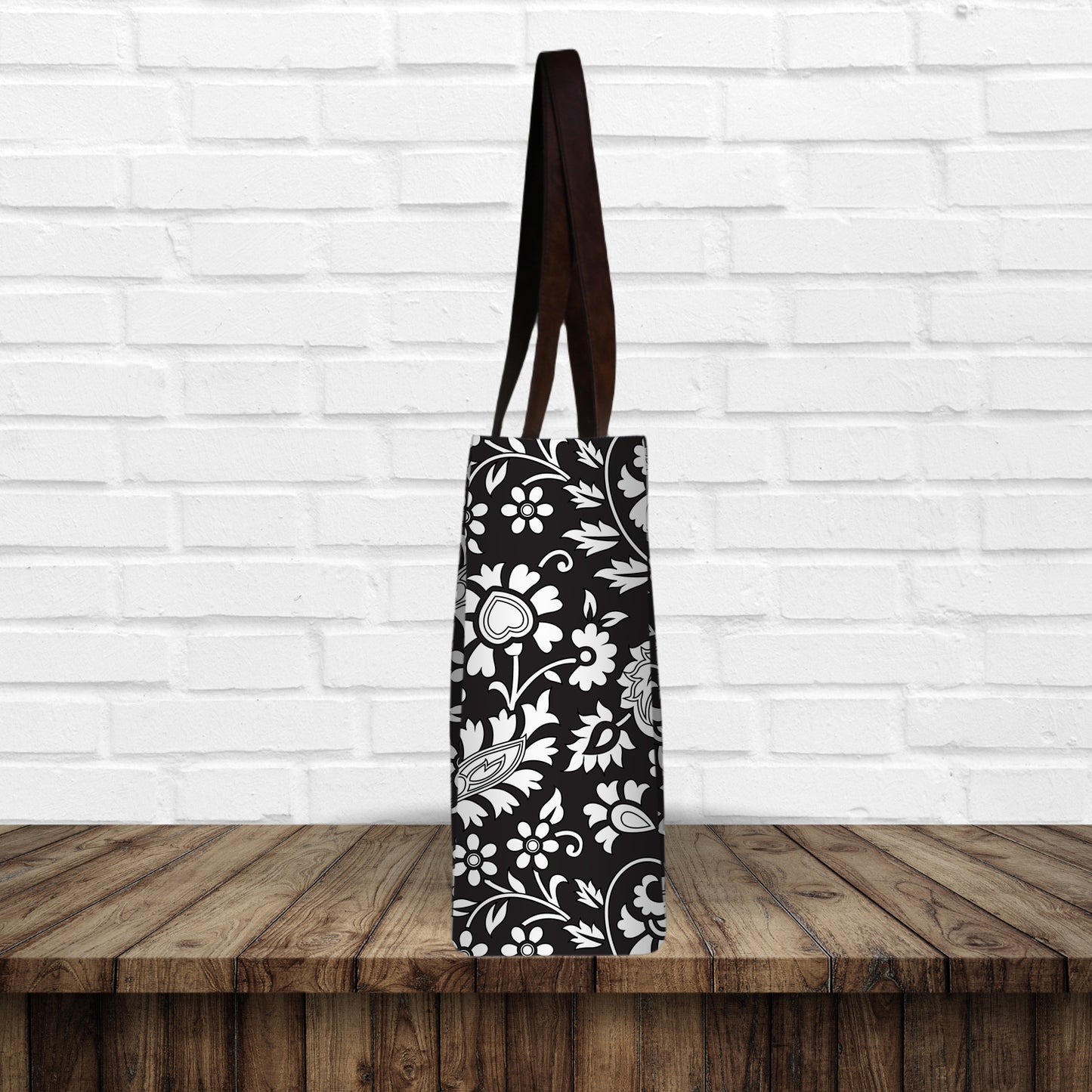 Monochrome Floral Print Canvas Tote Bag