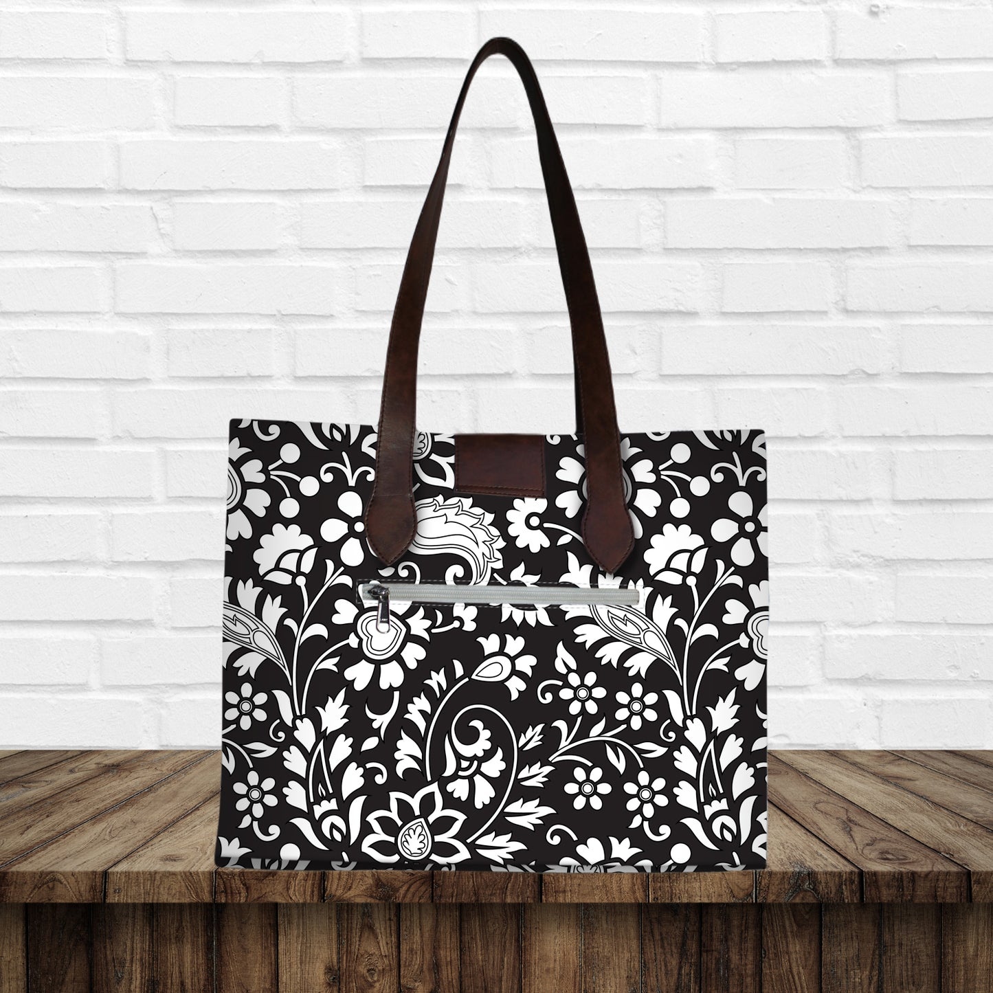 Monochrome Floral Print Canvas Tote Bag