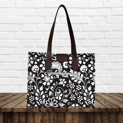 Monochrome Floral Print Canvas Tote Bag