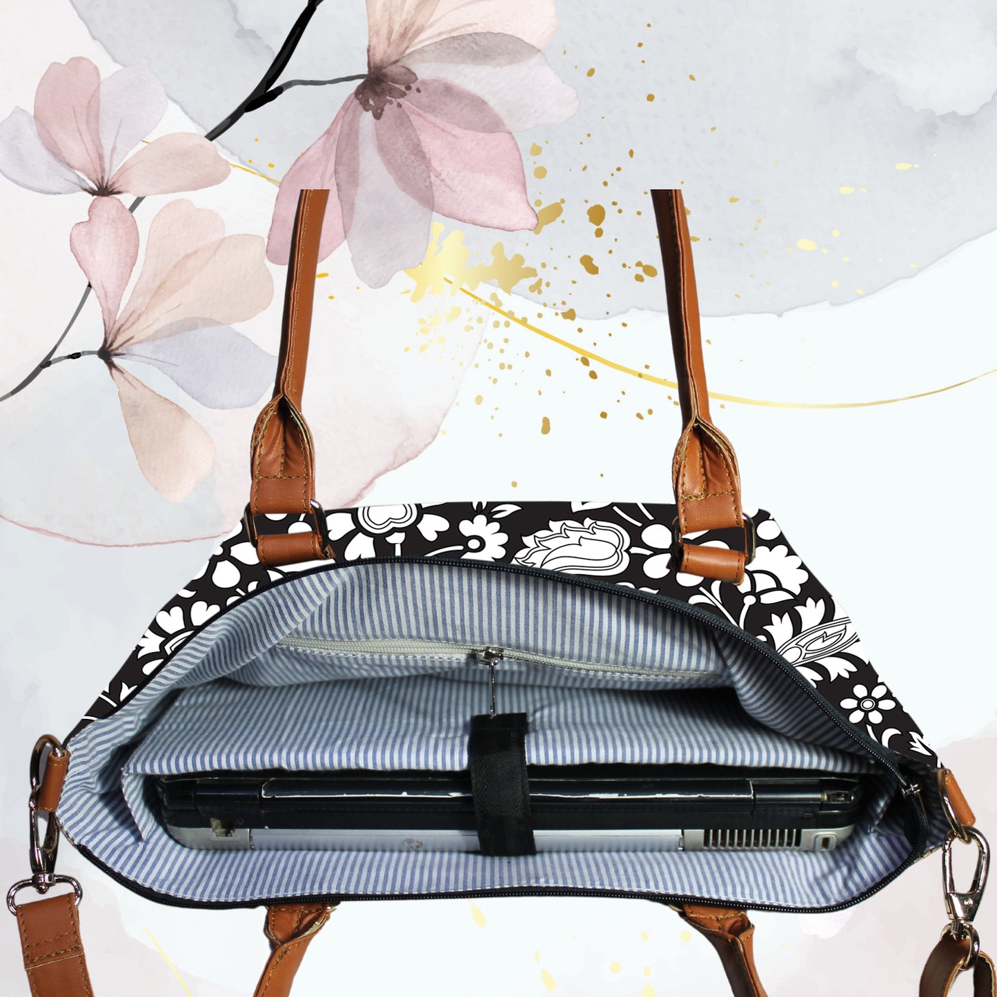 Black Floral Printed Canvas Tote Bag