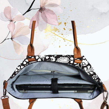Black Floral Printed Canvas Tote Bag