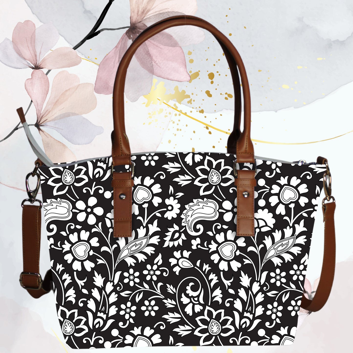 Black Floral Printed Canvas Tote Bag