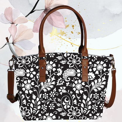 Black Floral Printed Canvas Tote Bag