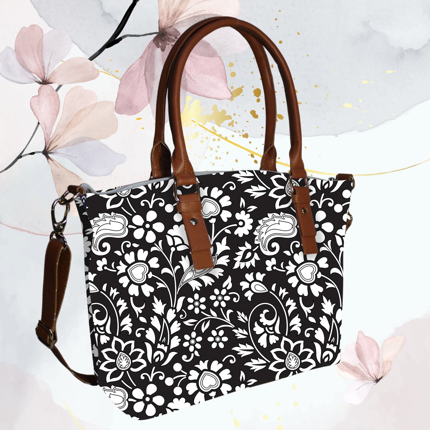Black Floral Printed Canvas Tote Bag