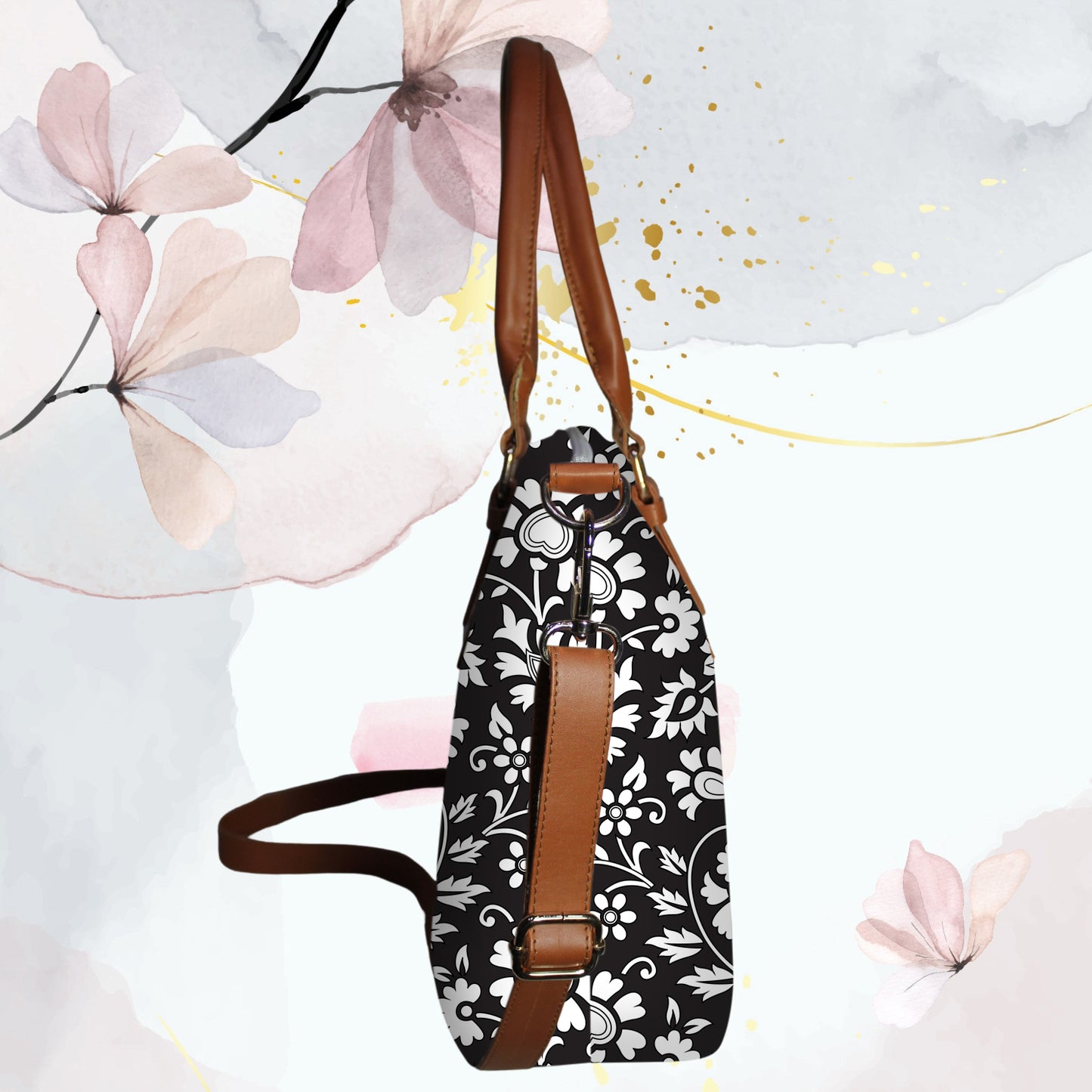Black Floral Printed Canvas Tote Bag