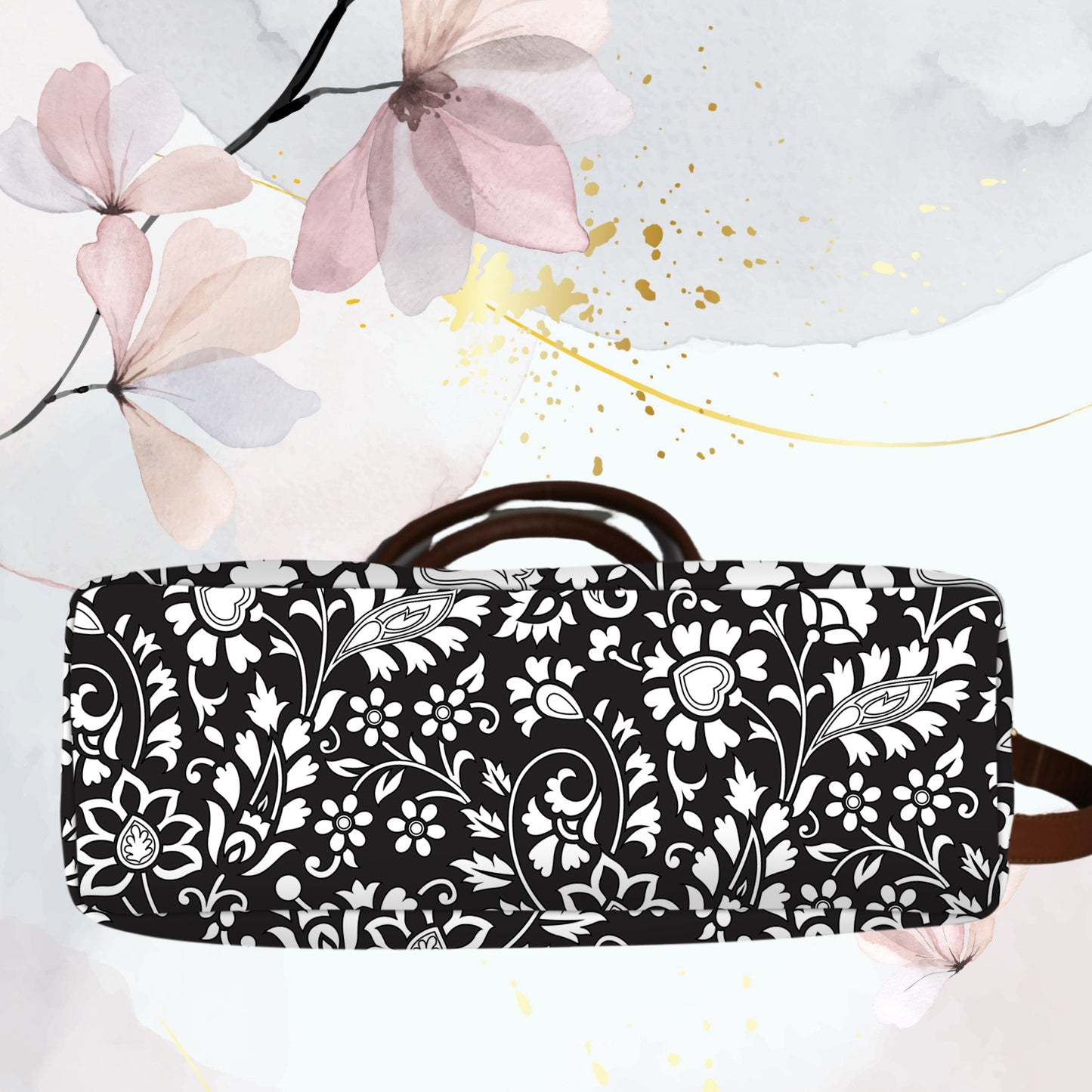Black Floral Printed Canvas Tote Bag