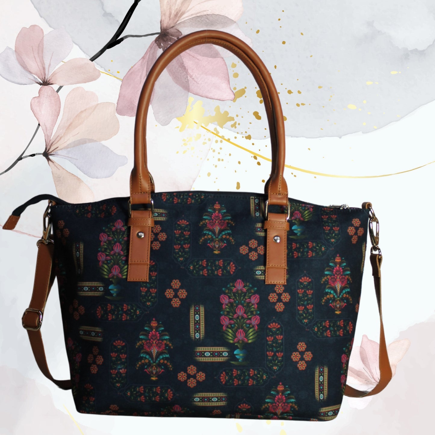 Ethnic Floral Print Canvas Tote Bag