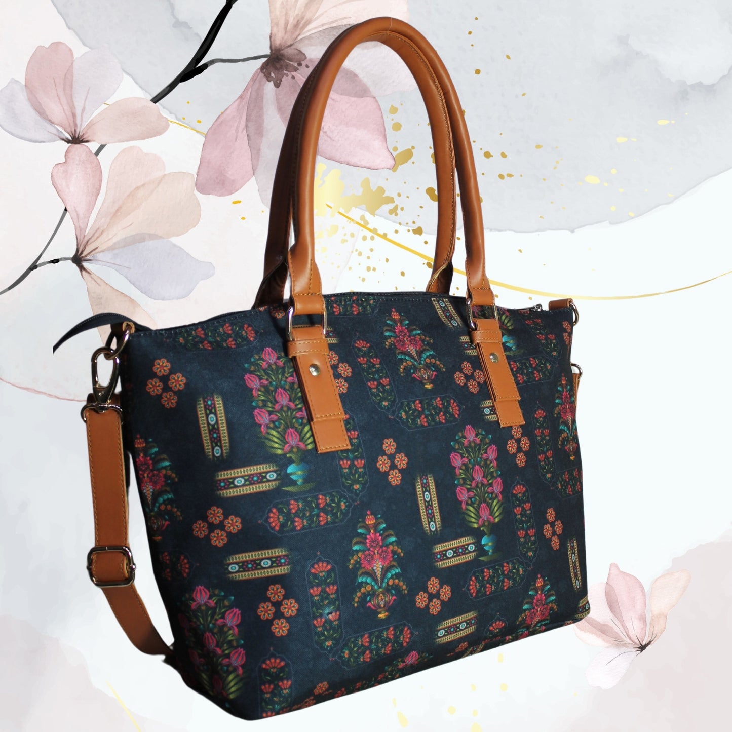 Ethnic Floral Print Canvas Tote Bag