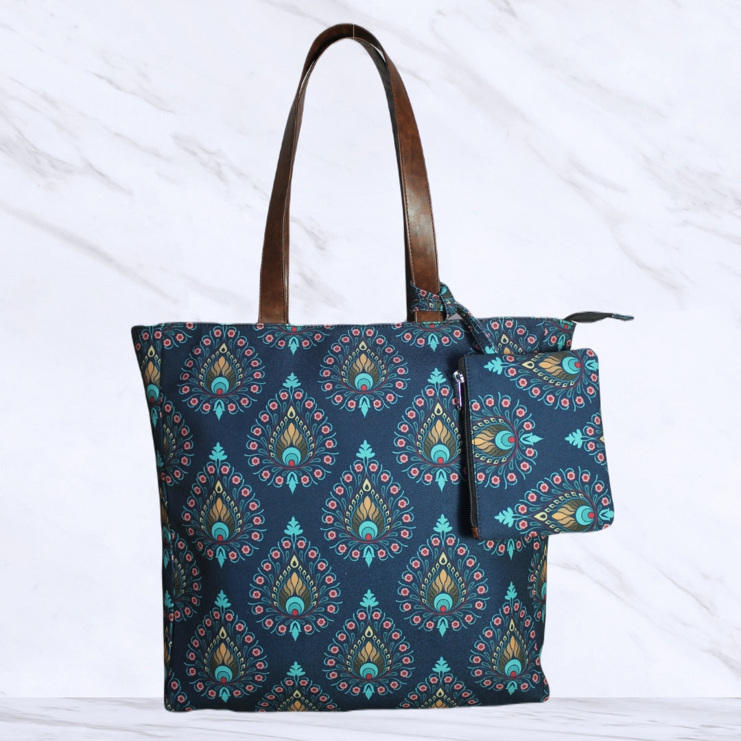 PEACOCK FEATHER PRINT TOTE BAG