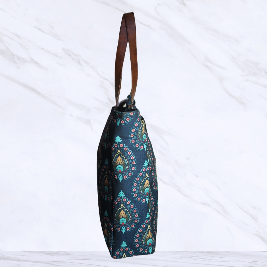 PEACOCK FEATHER PRINT TOTE BAG