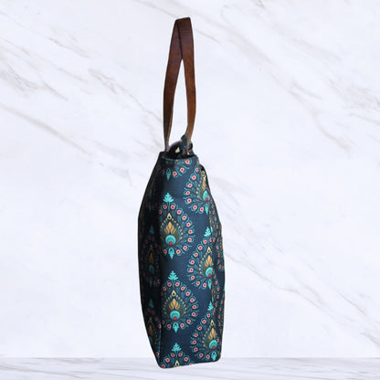 PEACOCK FEATHER PRINT TOTE BAG