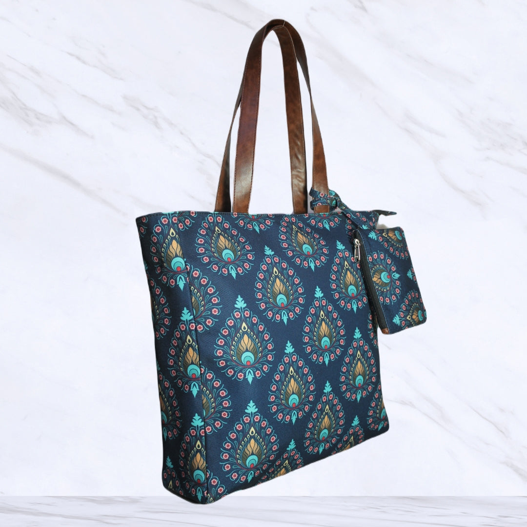 PEACOCK FEATHER PRINT TOTE BAG