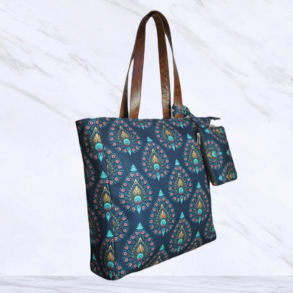 PEACOCK FEATHER PRINT TOTE BAG