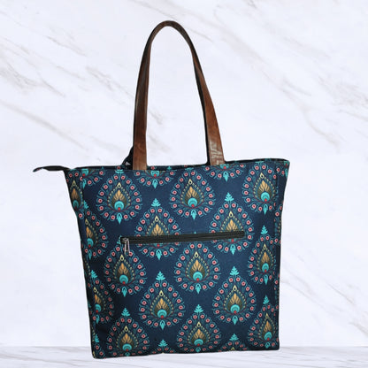 PEACOCK FEATHER PRINT TOTE BAG