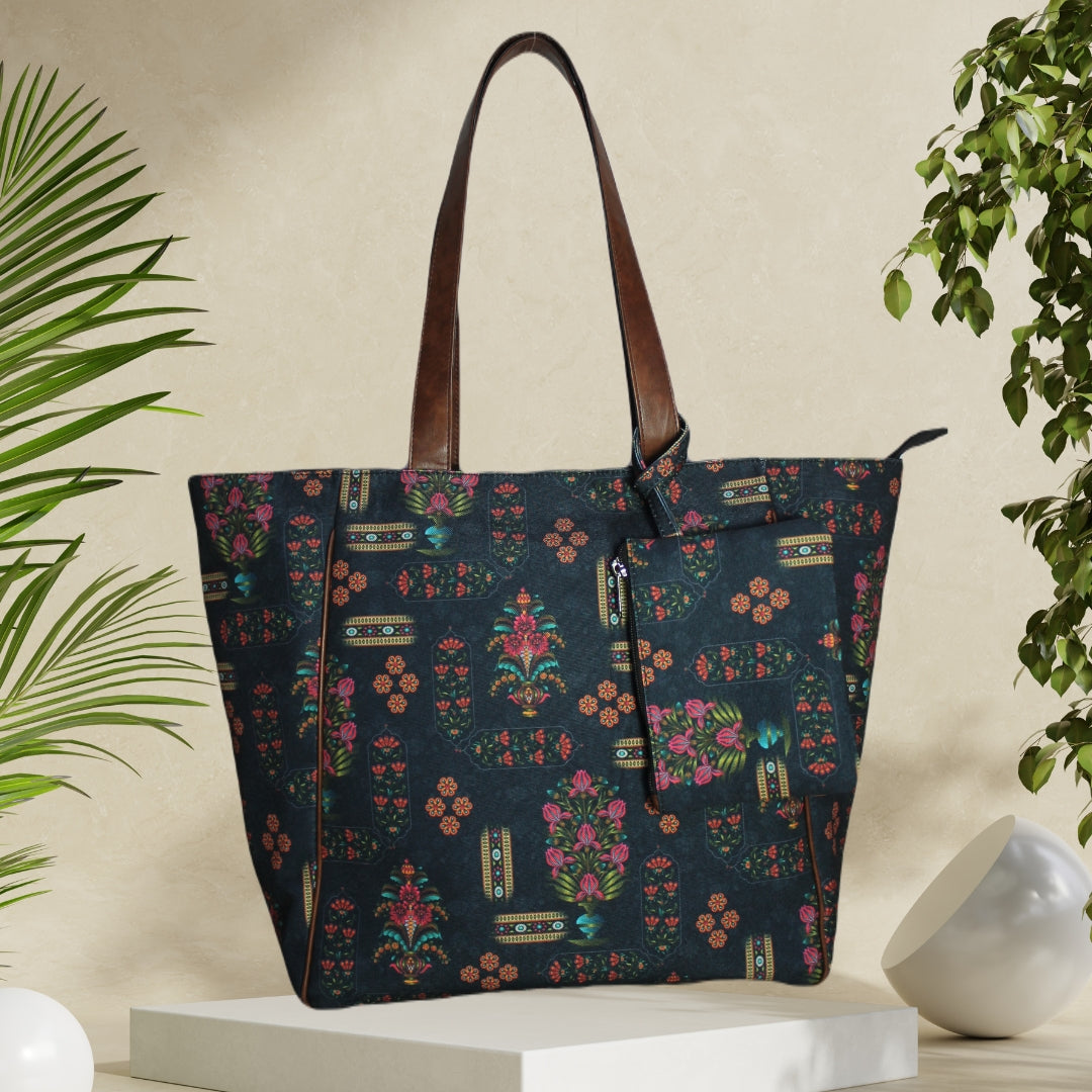 Ethnic Floral Print Canvas Tote Bag