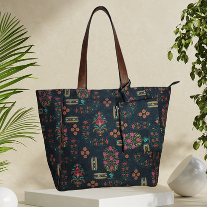 Ethnic Floral Print Canvas Tote Bag