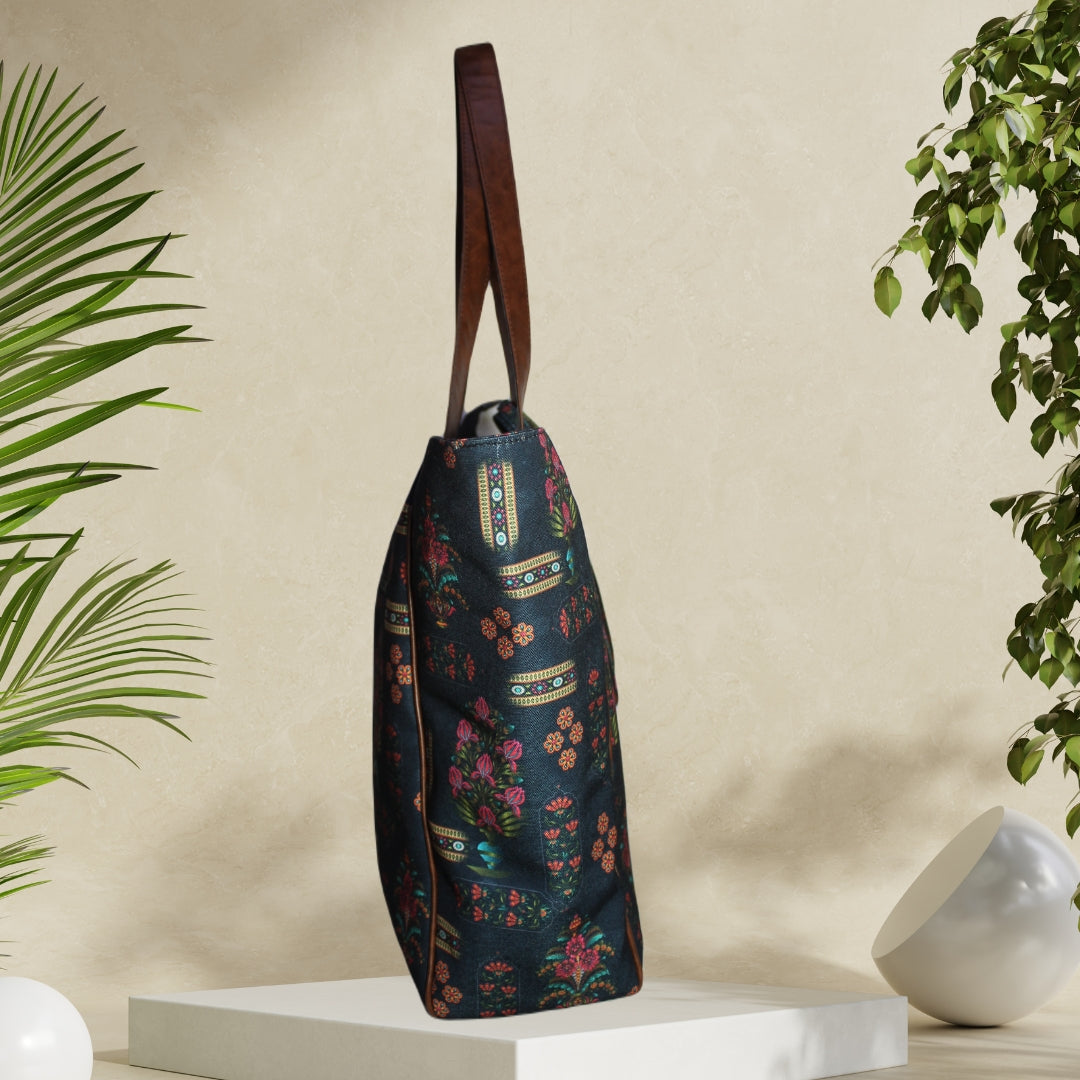 Ethnic Floral Print Canvas Tote Bag