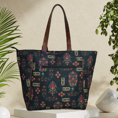 Ethnic Floral Print Canvas Tote Bag