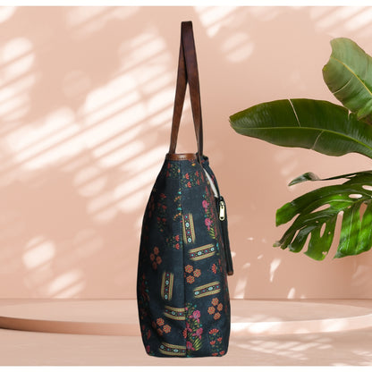 ETHNIC FLORAL MOTIFS PRINT TOTE BAG